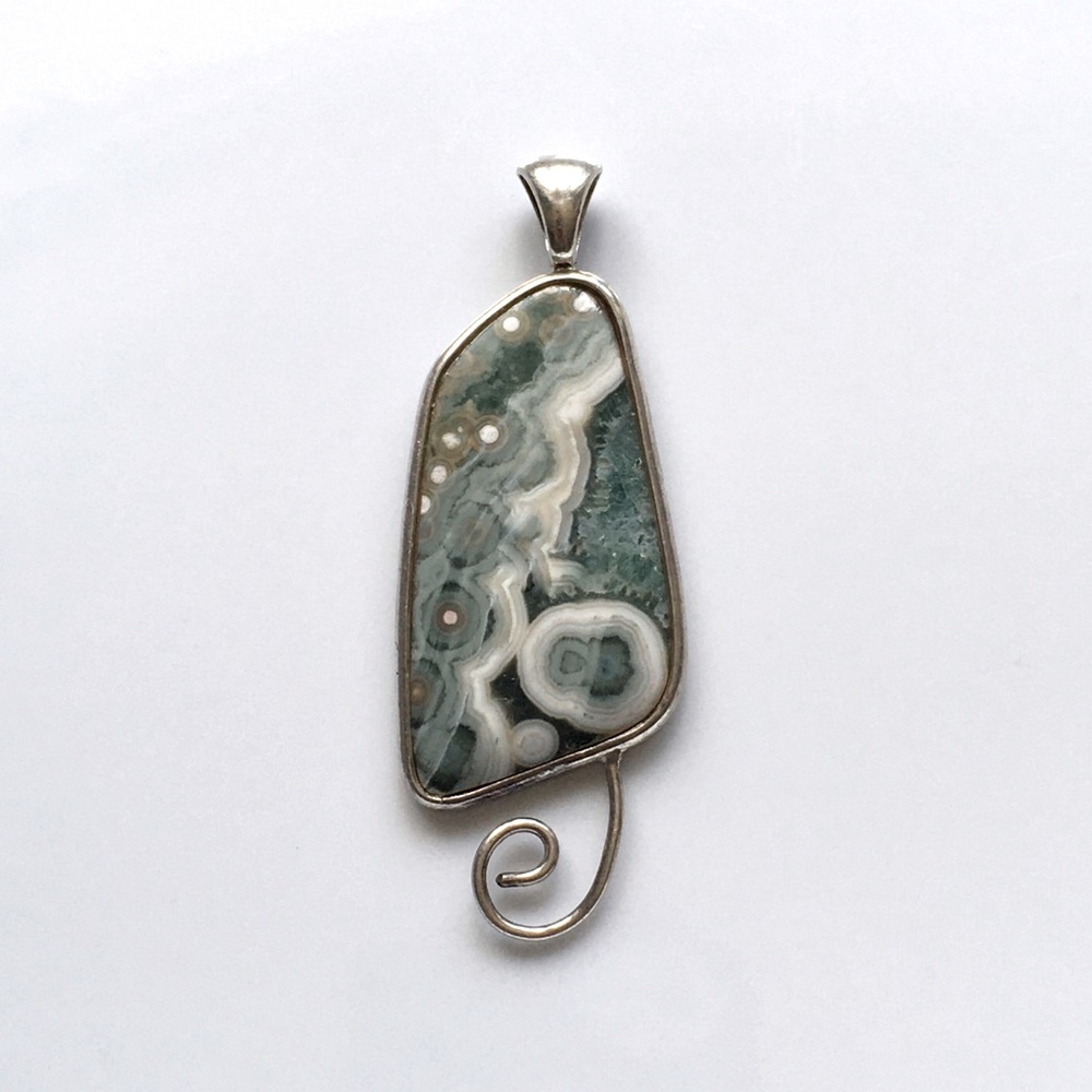 2 3/4” Green Ocean Orbicular Jasper Pendant, 925 Sterling Silver Setting, Signed